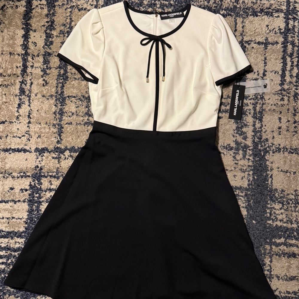 Karl Lagerfeld Cream A-line Mini Dress with Puff Sleeves